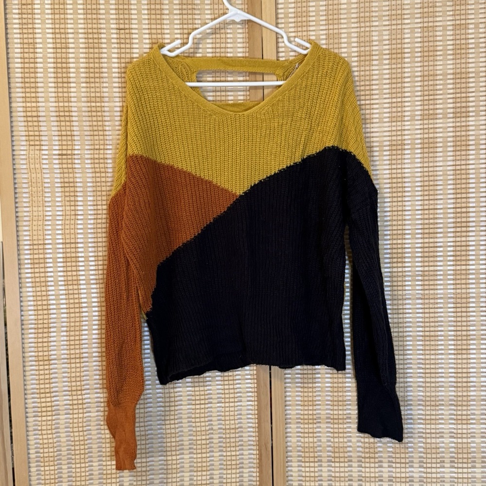 FCT Womens XL Sweater Multicolored Block Cutout Back Crop Y2K Retro Boho 80's